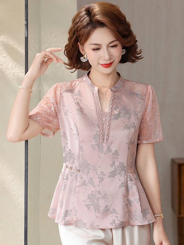 Mother's Day Gift: High-End Short-Sleeve Silk Satin T-Shirt Set for Middle-Aged Women, Elegant and Slimming Top for Wealthy Ladies