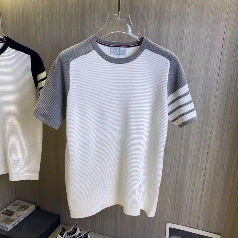 Summer Trendy Brand Ice Silk Color-Block T-Shirt for Men, Classic Tb Four-Stripe Jacquard Short-Sleeve Raglan Breathable Knit Half-Sleeve