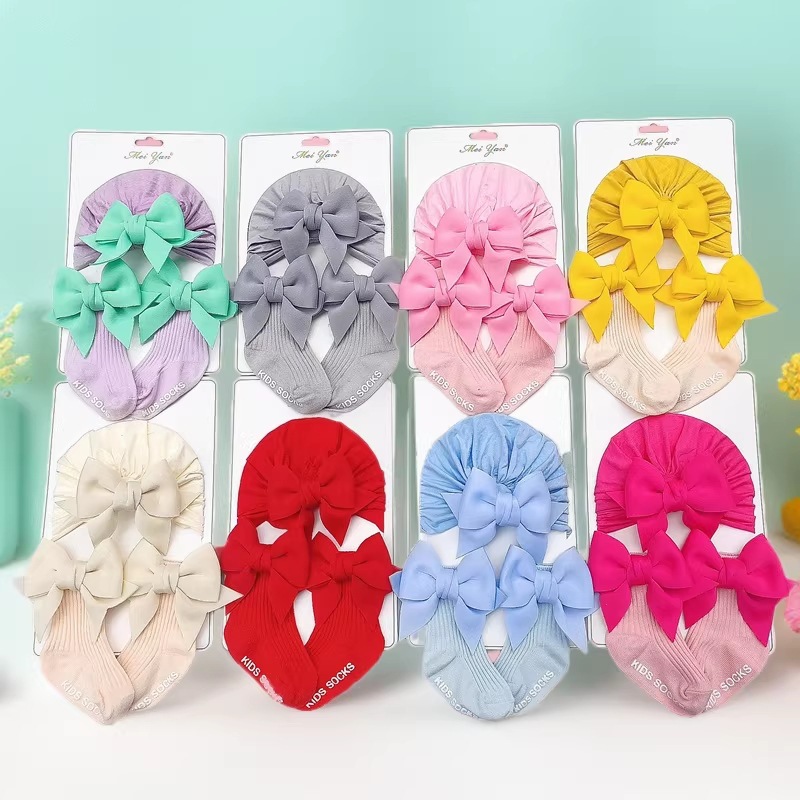 European and American Spring and Autumn New Solid Color Dovetail Bow Baby Socks Girls Cute Baby Hat Socks suit Batch