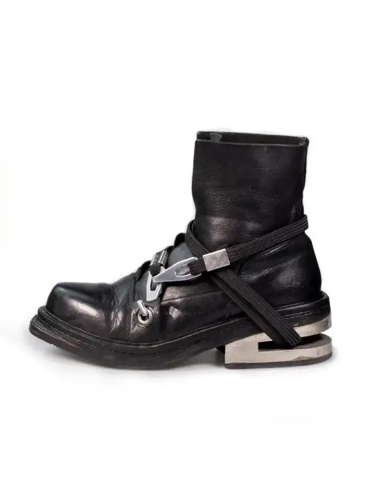 Dark Style Metal Boots Men's Carabiner Short-Tube Cable Boots Retro Square Toe Distressed Workwear Chelsea Boots
