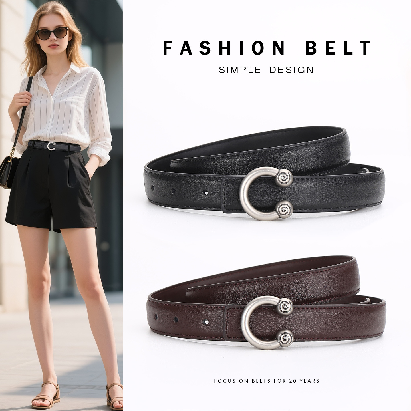 New Japanese-Style Minimalist Genuine Leather Belt for Women, Slim-Fit Dress Belt with a High-End Feel, Personalized Silver-Gray Round Ring Cc