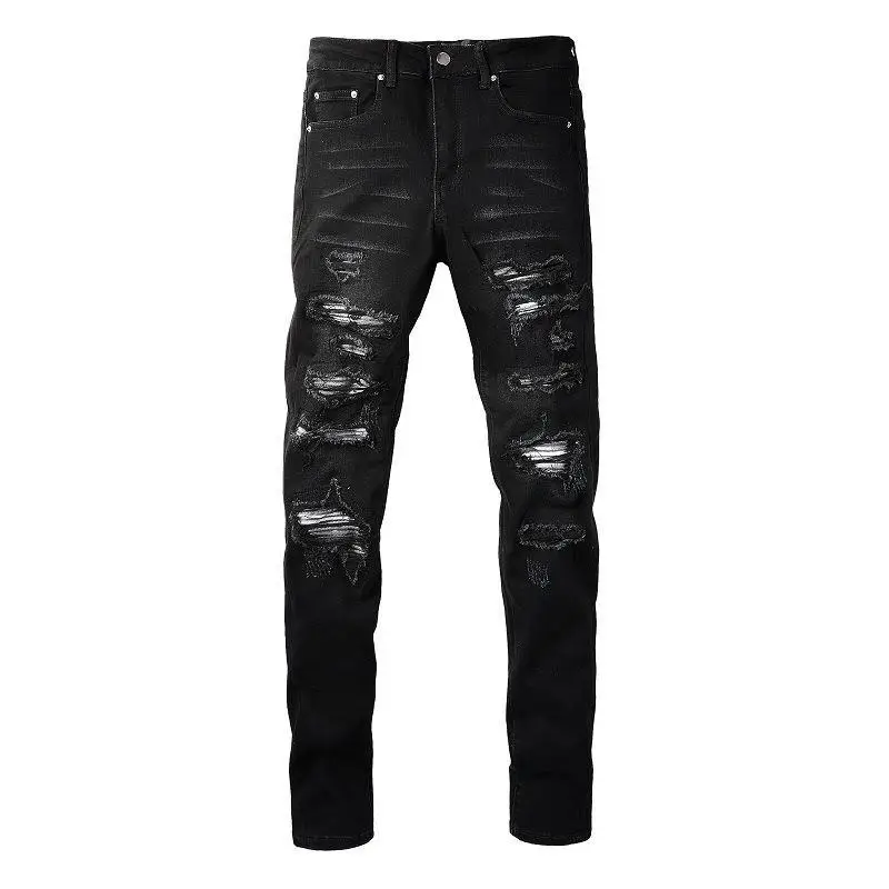 Cross-border European and American High Street ins Washed Old Cat Whiskers Patch Ripped Elastic Slim-fit Pencil Pants Jeans