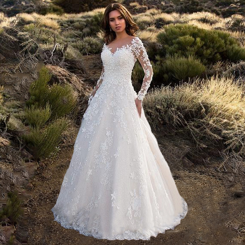 2025 New European and American Lace Women's Clothing Amazon Long Sleeve One Shoulder White Bridal Wedding Dress Dress Women