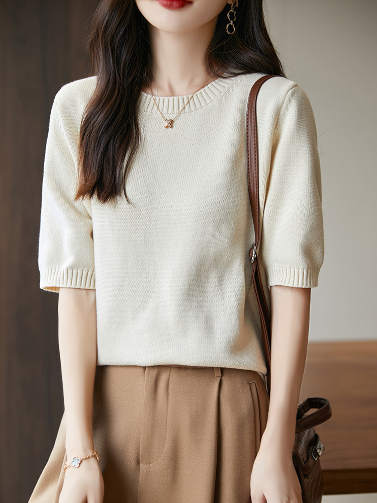 2026 Spring and Autumn New Style Pure Cotton Thickened Round Neck Knitted Short Sleeve T-Shirt for Women, Solid Color Loose Pullover Top