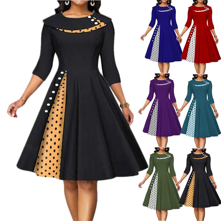 2022 Amazon wish Europe and the United States cross-border autumn and winter new women's retro polka dot waist large skirt dress