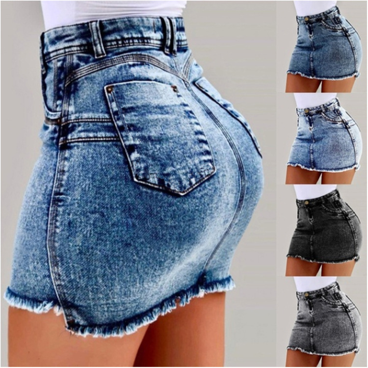 Cross-Border Wish Aliexpress Hot Selling European and American Denim Skirt Sexy Hip-Covering Denim Skirt 4 Colors 6 Sizes Skirts Now