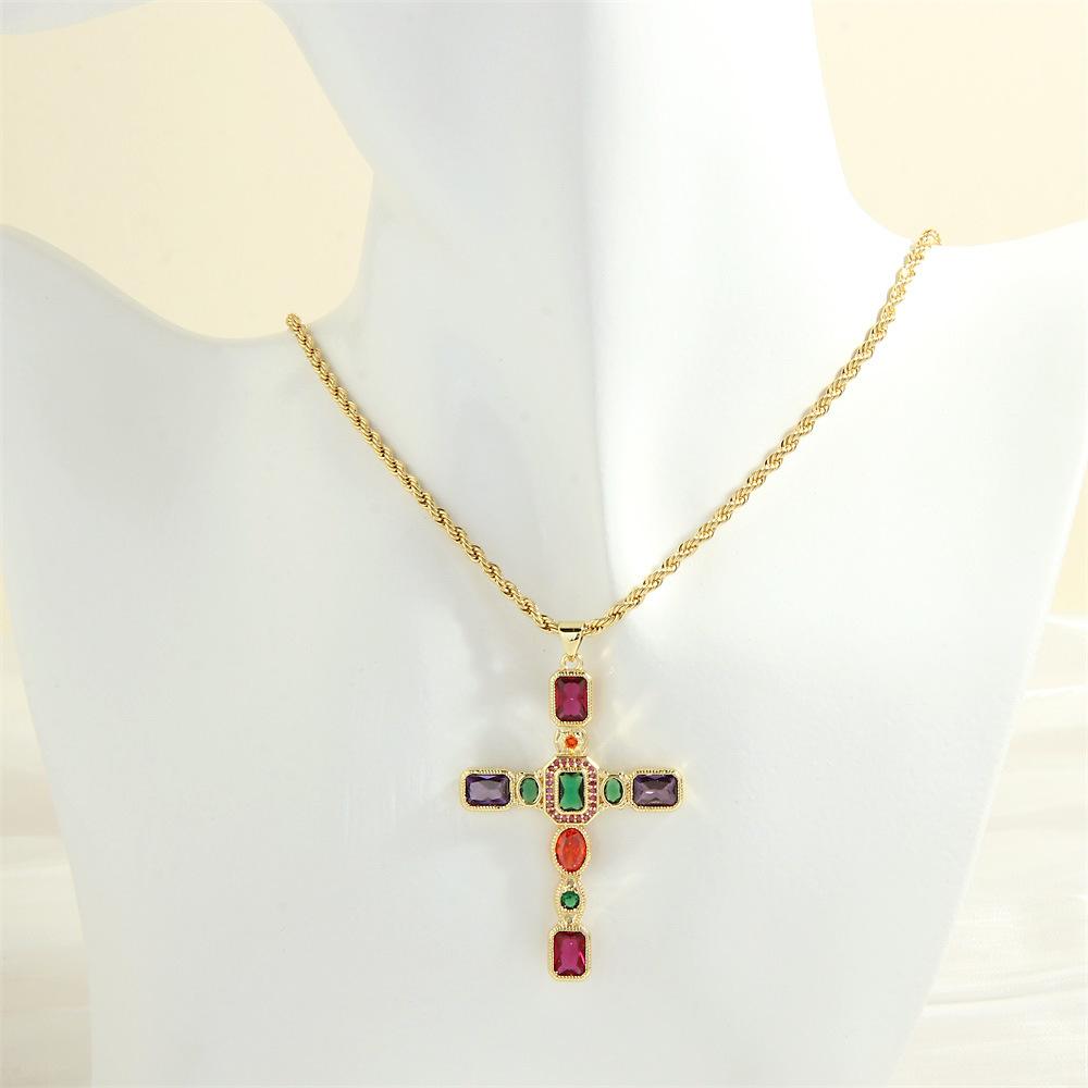 2026 New Model Micro-Encrusted Colorful Zircon Cross Necklace, Niche Ins-Style Design, Personalized Light Luxury Gold-Plated Clavicle Chain