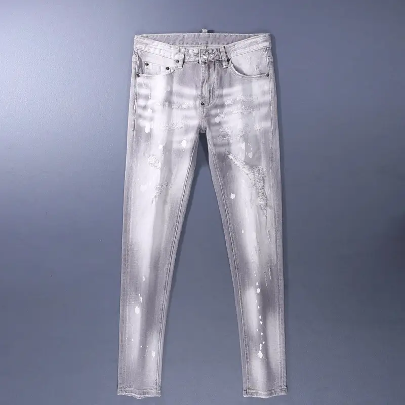 European and American Street Fashion Men's Jeans Distressed Gray Washed Paint Printed Trendy Brand Stretch Slim Pants Men