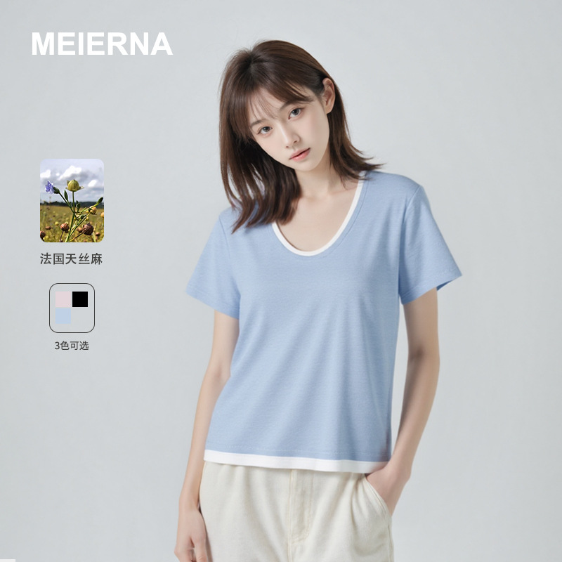 Linen Fake Two-piece Short-sleeved MBH025 All-match Lightweight Cotton Basic Short-sleeved T-shirt Women's 2025 Summer New Style