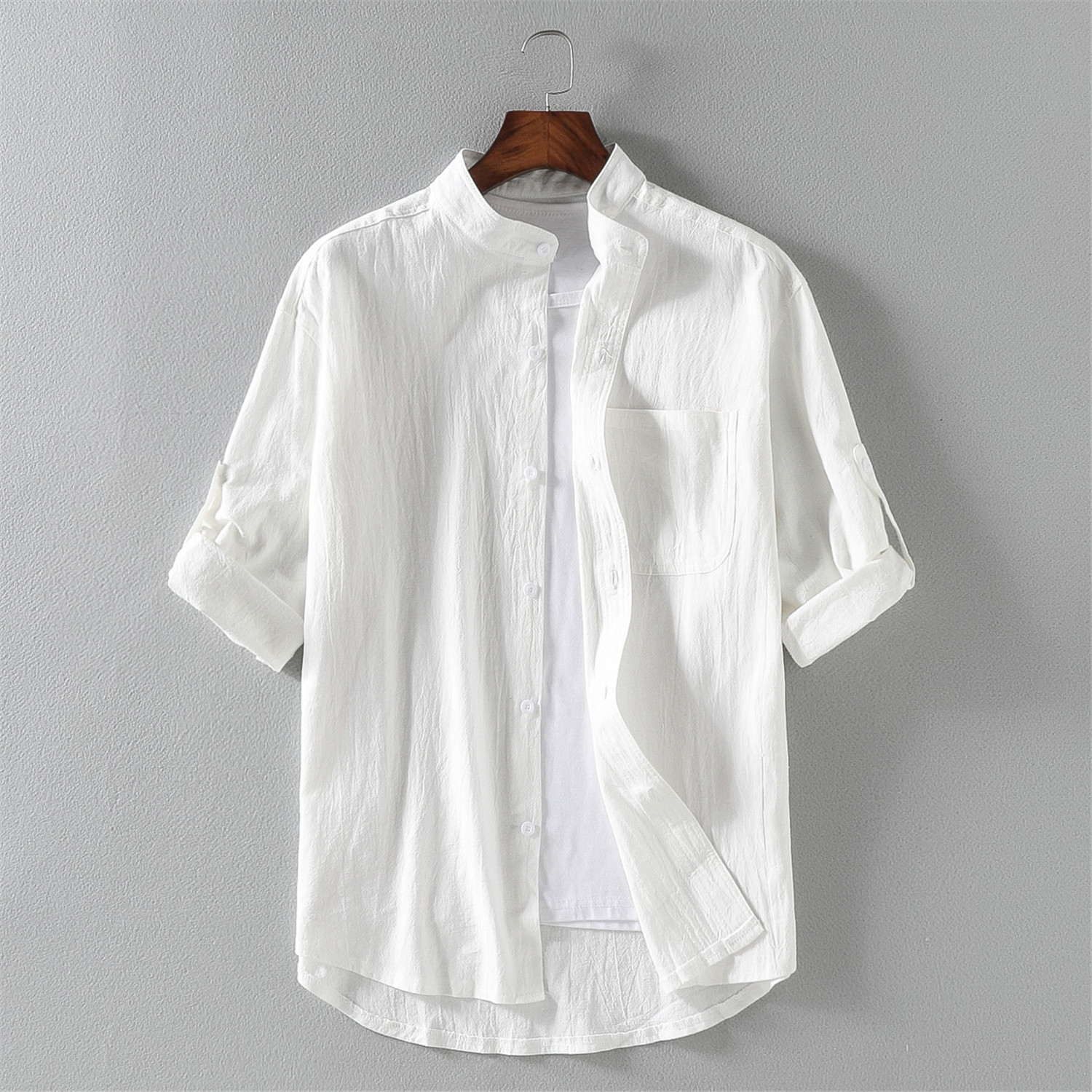 2023 Summer stand collar cotton and linen half sleeve shirt trendy men's linen loose 3/4 sleeve plus size solid color shirt men