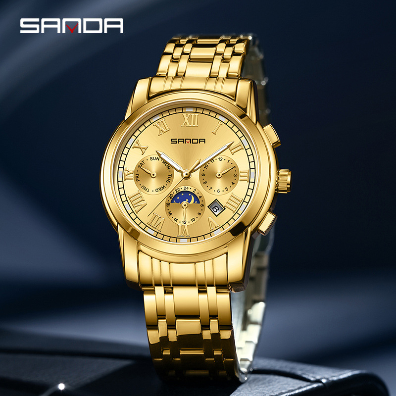Sanda Retro Steel Band Watch with Calendar, Moon Phase, Mechanical Watch, Business Three-Eye Six-Hand Skeleton Waterproof Men's Wristwatch