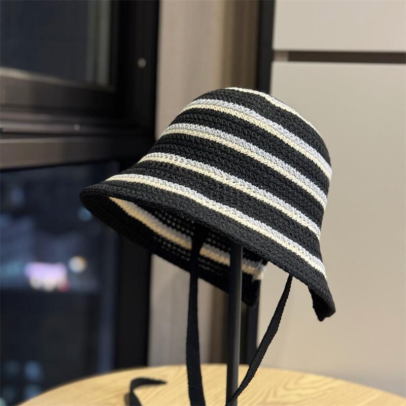 Spring and Summer New Style Retro Striped Tie-Up Knit Bucket Hat for Women, Versatile and Face-Slimming Fisherman Hat
