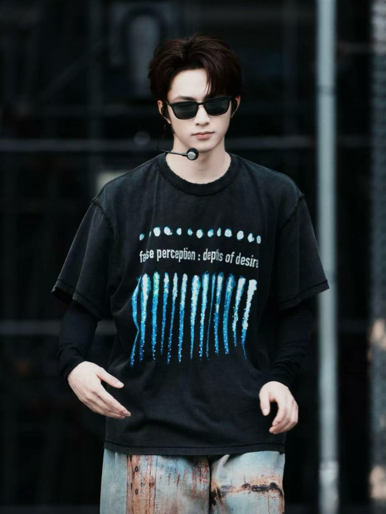 False Perception Liu Yaowen and He Yuhong's Same Style Washed Distressed Motorcycle Flame Rhinestone Washed Short-Sleeved Trend