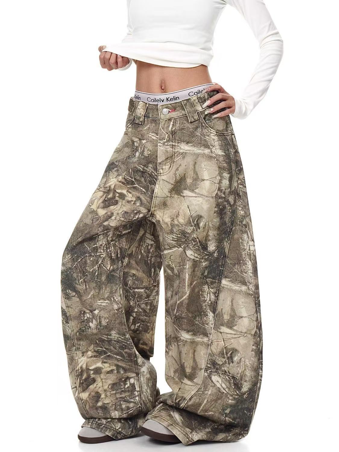 Branch Print European and American Style Men's Straight Loose Wide-Leg Jeans, Spring Season Trendy High Street Long Pants