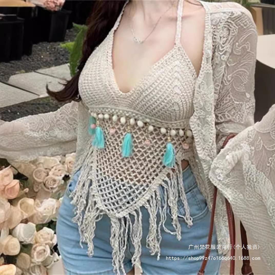 Hollow Out Swimsuit Women's Top Bohemian Ethnic Style Embroidered Long Bra Sexy Halter Lace up Small Sling
