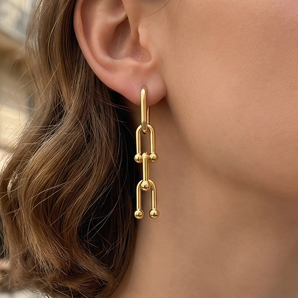 2026 New Style European and American Exaggerated U-Shaped Thick Copper-Plated 18K Gold Horseshoe Chain Earrings for Women, Luxurious and High-End Jewelry
