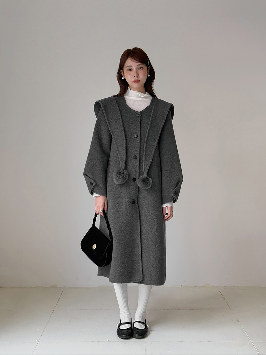 [Geming] Retro Solid Color Hat with Fur Ball Double-Sided Wool Coat Women's Winter Wool Jacket N792C