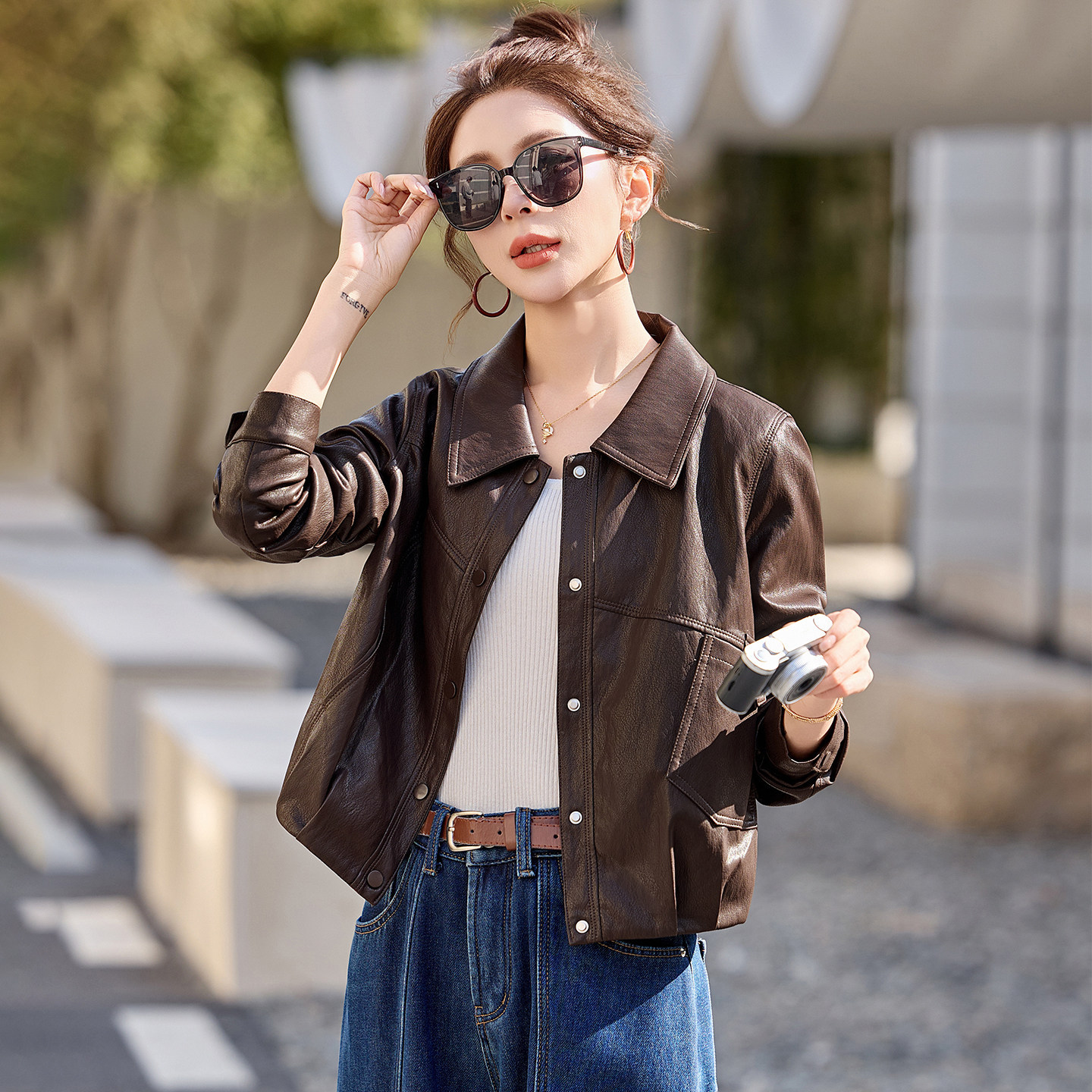 Short Pu Leather Jacket for Women, Spring and Autumn 2026 New Style, Stylish Turn-Down Collar Biker Jacket for Petite Women