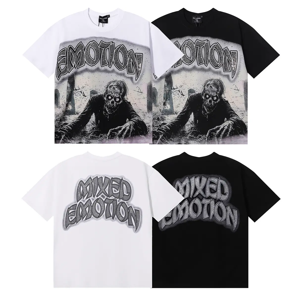 Mixed Emotion Trendy Street Retro Skull Rhinestone Letter Print Unisex Loose Trendy Short-Sleeve T-Shirt