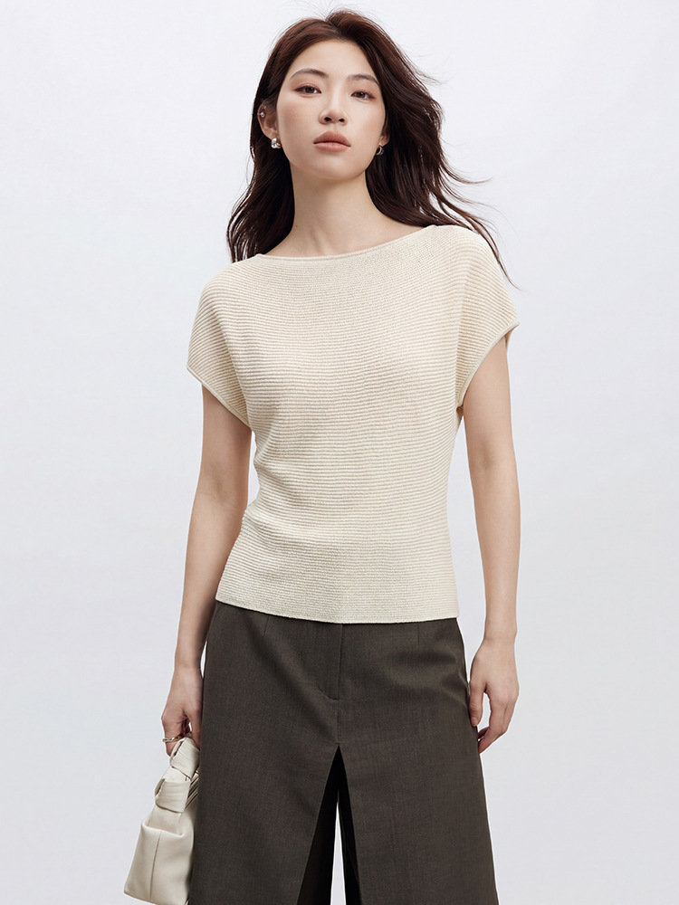 Tencel Linen Short-Sleeved Women's T-Shirt Summer 2026 New Women's One-Line Collar Sequined Slim-Fitting Short-Sleeved Knitwear Top