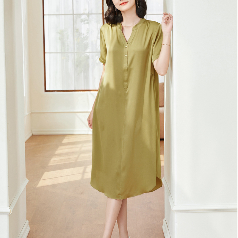 Mumi Satin Silk Dress Summer Mulberry Silk V-Neck 2-Button Loose Plus Size Long Dress 316 Women's Light Luxury