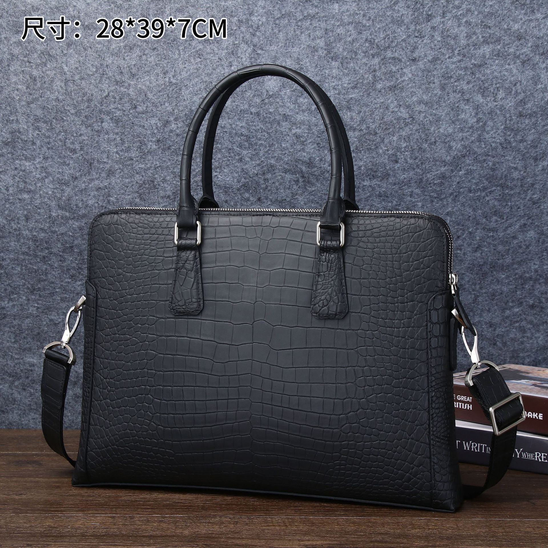 Men's Crocodile Belly Pattern Briefcase Casual Business Handbag High-end Computer Bag Double Zipper Large Capacity Men's Trendy Bag