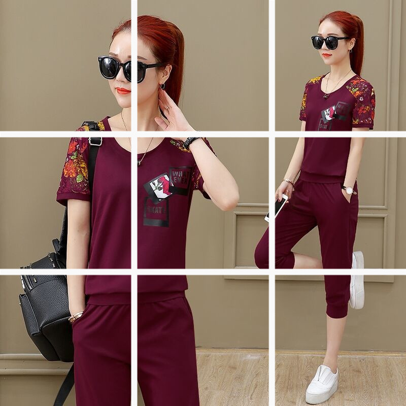 2026 Spring and Summer New Sports Suit for Women, Korean Style Plus-Size Casual Running Short-Sleeve and Cropped Pants Two-Piece Set for Women