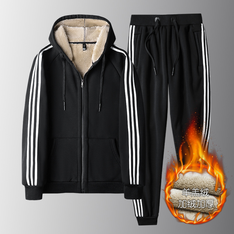 Three-Stripe Fleece-Lined Thickened Winter Lamb Wool Men's Sweatshirt Two-Piece Set Cardigan Sports Suit Men's Thickened and Warm