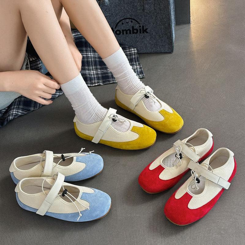 2025 Spring and Summer New Leather Ballet Shoes Casual Korean Style All-match Fashion Velcro Mary Jane Women's Shoes