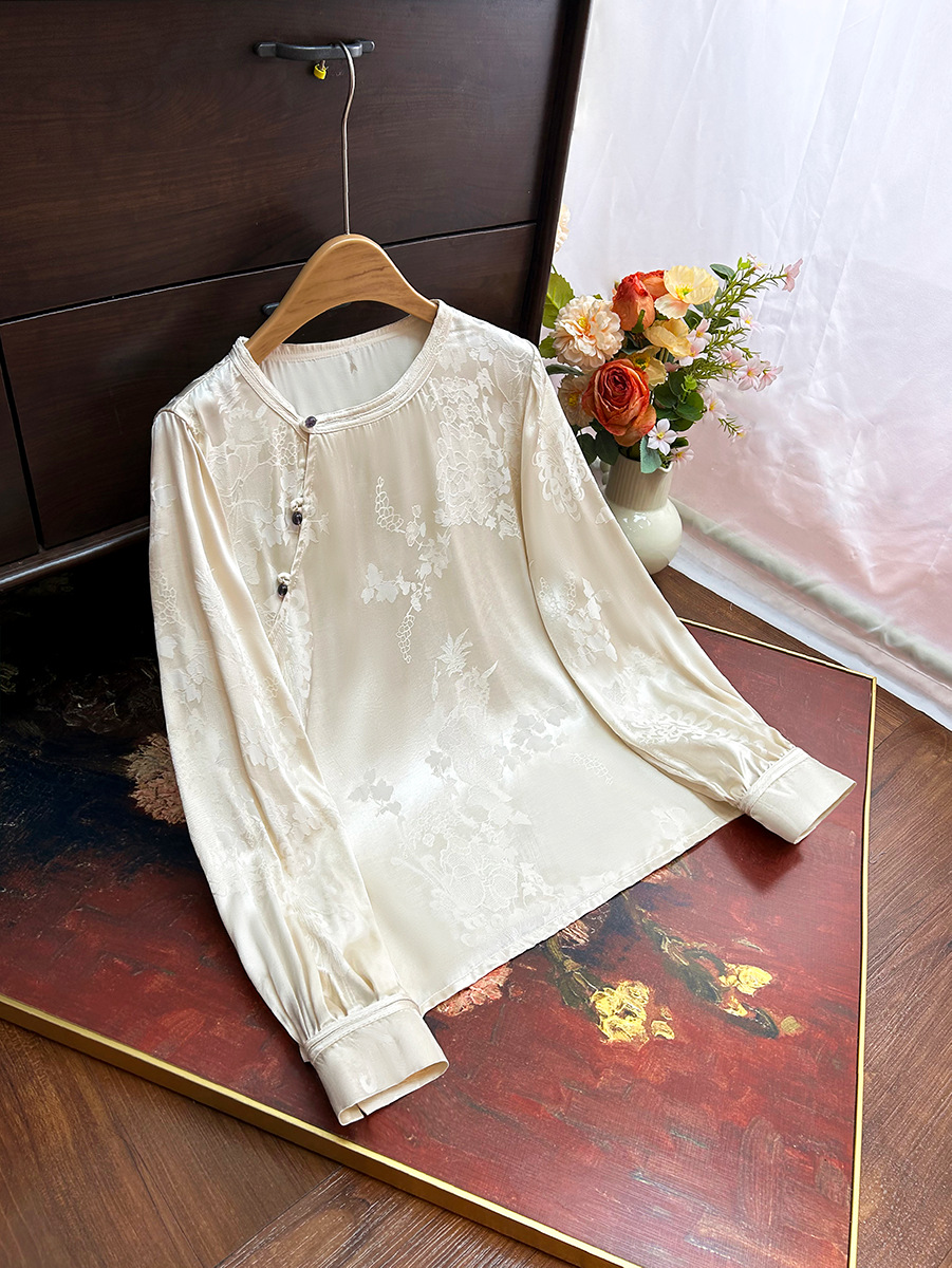 New Chinese Style Slant Placket Shirt 2025 Spring New High-end Hesse Jacquard Retro National Style All-match Shirt Top