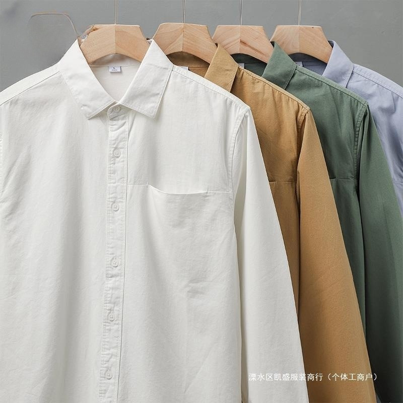 American 350G Heavy Long Sleeve Shirt Men's Spring and Autumn Cotton Design Casual Solid Color White Shirt Retro Jacket