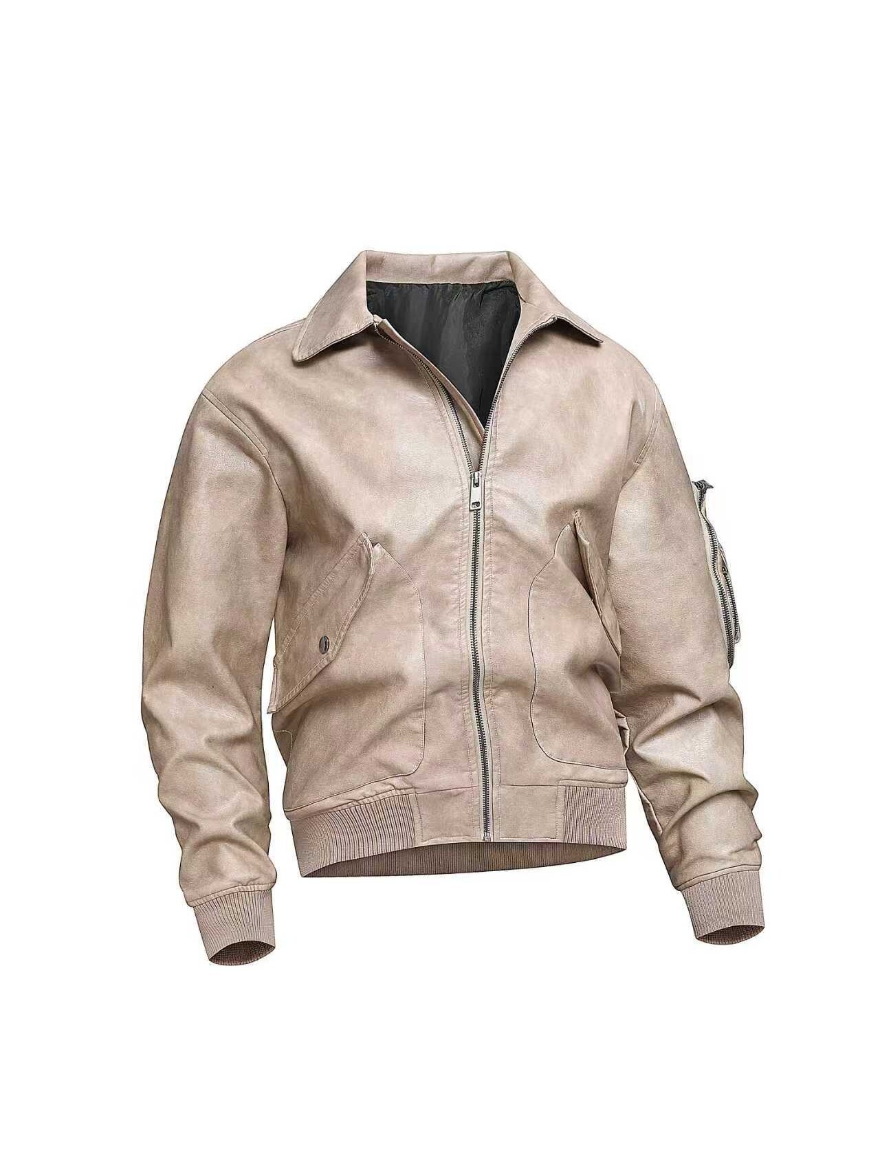 Cross-Border Spring and Autumn New Men's Pu Leather Jacket with Turn-Down Collar, Loose Retro Fashion Casual Outerwear, Trendy Men's Clothing