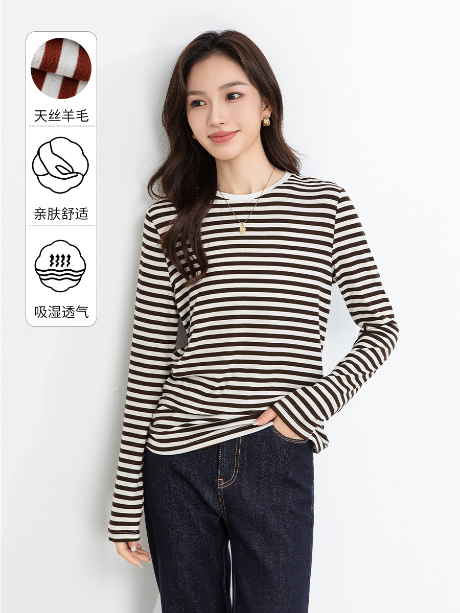 Xingge Tencel Wool Lazy Style Striped T-Shirt Spring 26 New Textured Round Neck Loose Fit Slimming Top