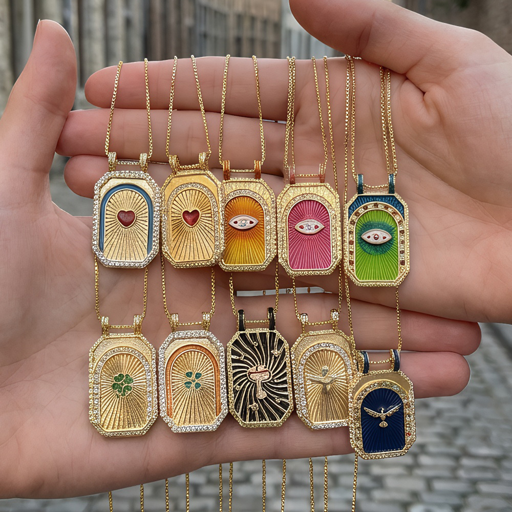 European and American Cross-Border Tarot Card Heart Necklace, Fashionable Oil-Drip Devil's Eye Square Zircon Artistic Retro Style Necklace