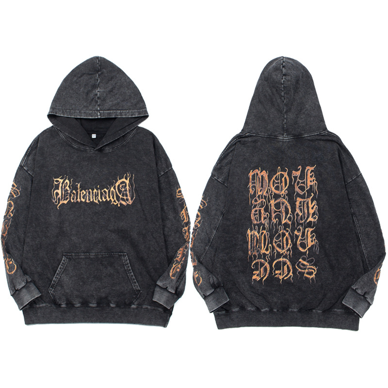 2025 Cross-Border American New Style Old Flame Orange Sanskrit Text Washed Retro Hooded Sweatshirt Men's and Women's Hoodie Trend