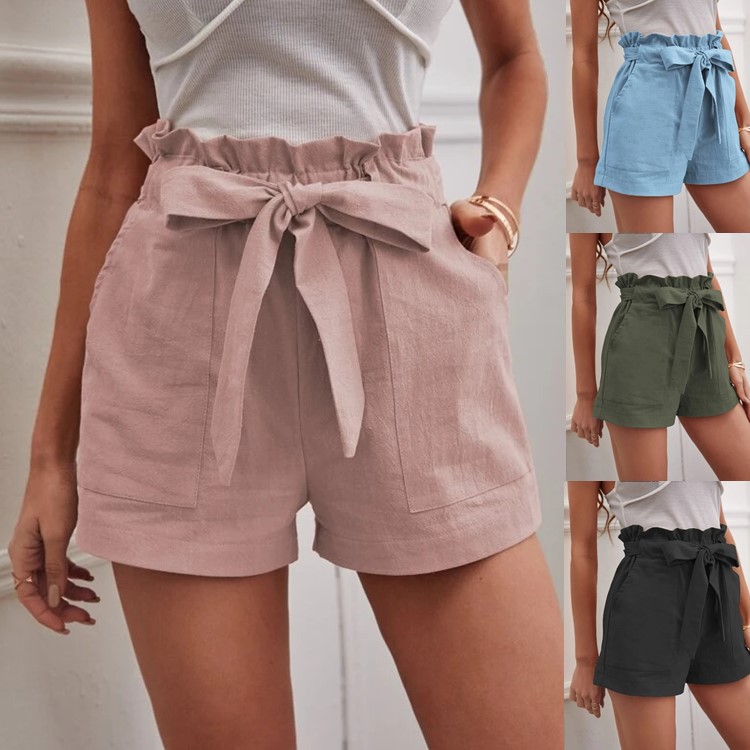 European and American Cross-Border New Style 2026 Summer Women's Loose Linen Casual Shorts with Pockets, Solid Color, Plus Size, High-Waisted Wide-Leg Pants