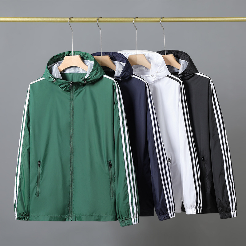 Men's Casual Sports Windbreaker Spring and Autumn Thin Three-Stripe Loose Large Size Hooded Jacket Cardigan Cross-Border