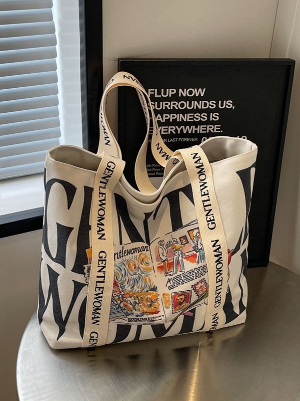 Gentle Woman Niche Painted Printed Canvas Bag 2024 New Contrast Color All-match Student Shoulder Bag