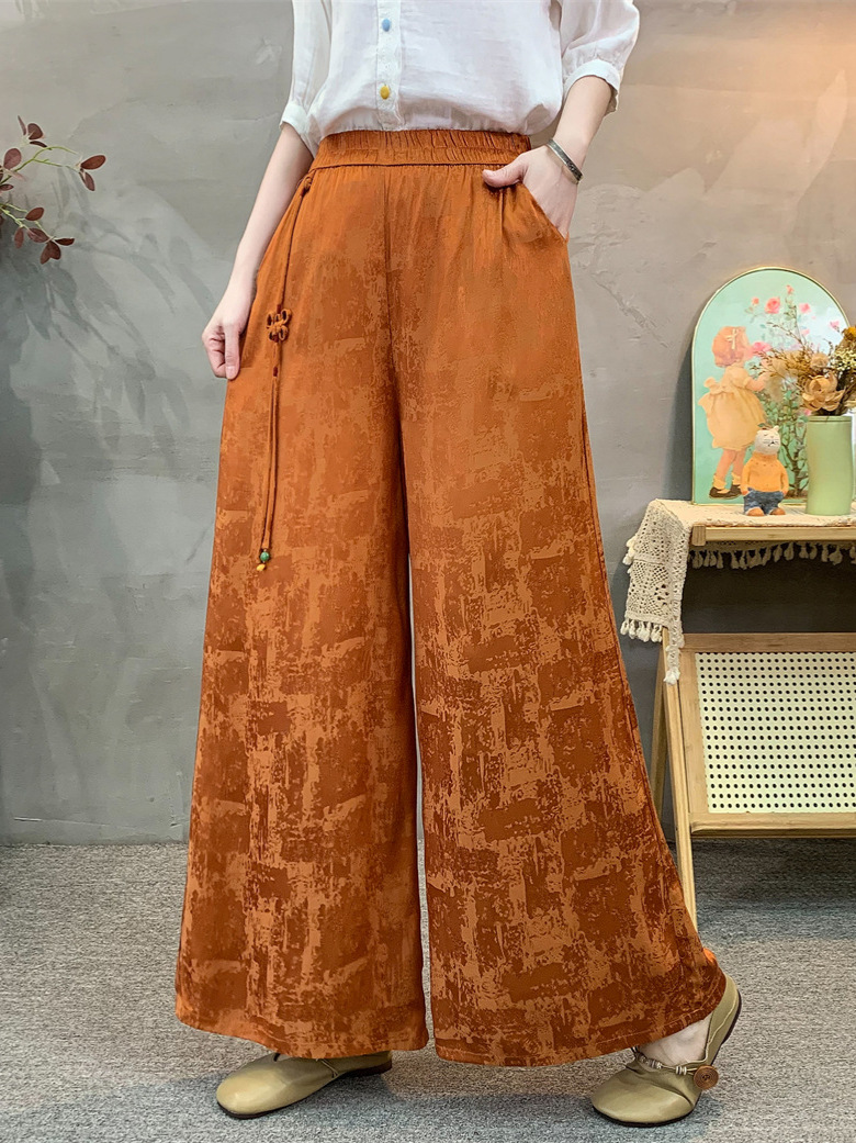 26 Summer Style Casual Pants for Women, Satin Jacquard Chinese Knot Wide-Leg National Style Pants, Loose Casual Ethnic Style Pants