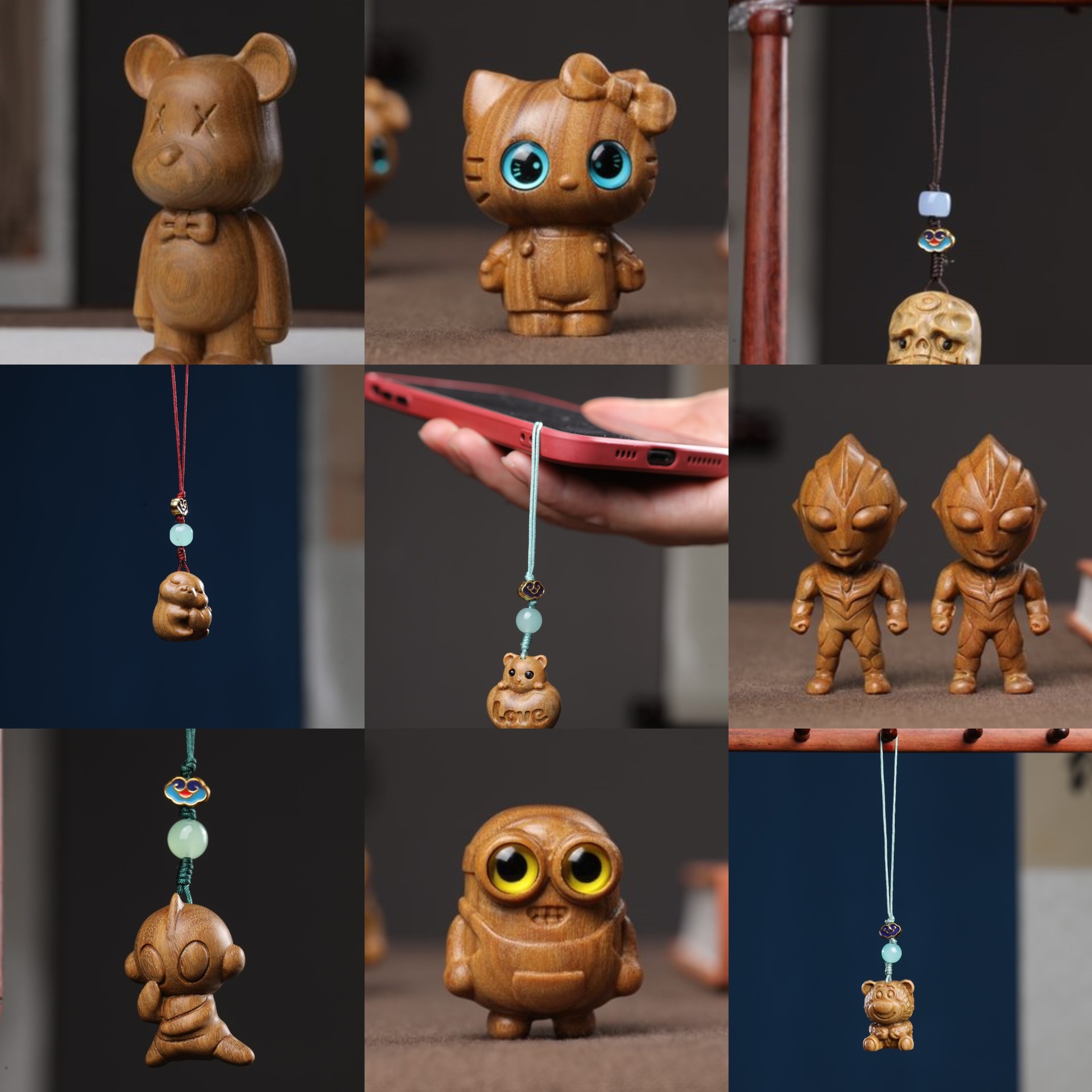 Green Sandalwood Kitten Ornaments Cute Mouse Wooden Tiger Wen Play Handle Piece Birthday Gift Carved Keychain