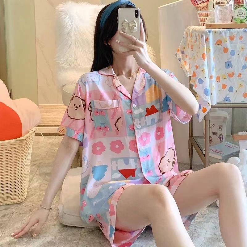 Korean style new ins pajamas women's cardigan summer short sleeve Internet celebrity sweet cute thin home wear two-piece suit