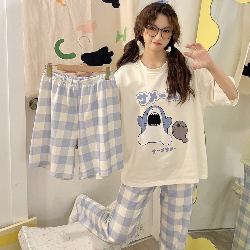 Pajamas for Women, Summer 2025 New Style, Cartoon Cute Short-Sleeved Shorts, Long Pants, Three-Piece Set, Spring & Fall Style Home Clothes