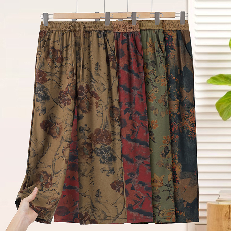 Summer Thin Satin Printed Straight-Leg Pants Versatile Slimming Long Pants for Moms Women's Elastic Deep-Rise Wide-Leg Pants