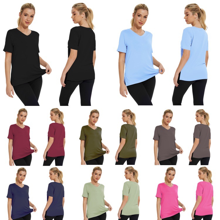 2026 Spring/Summer New Amazon European and American Cross-Border Simple Fashion V-Neck Solid Color Versatile T-Shirt Loose Slit Women's Clothing