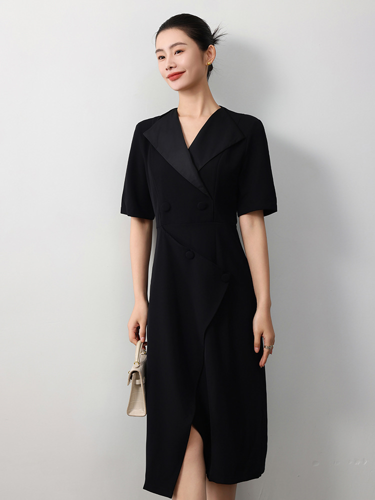 Light Luxury Elegant Waist Lapel Dress for Women 25 Summer Thin Versatile Knitted Double-Breasted Button Half-Sleeved Long Skirt