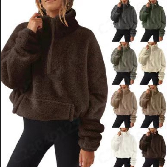 Cross-Border Aliexpress Wish2026 Autumn and Winter New European and American Products Plush Fleece Women's Half-Zip Stand-Up Collar Sweatshirt