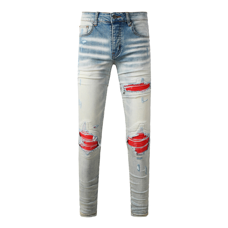 European and American High Street Fashion Men's Jeans Distressed Blue Washed Ripped Leather Trendy Brand Elastic Tight-Fitting Pants for Men
