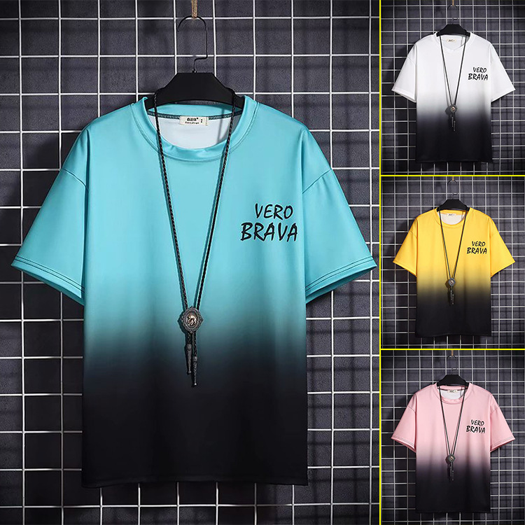 Men's Short-sleeved T-shirt Summer Thin Ice Silk Korean Style ins Trendy Brand Distinctive Fashion Gradient Loose Half-sleeved T-shirt