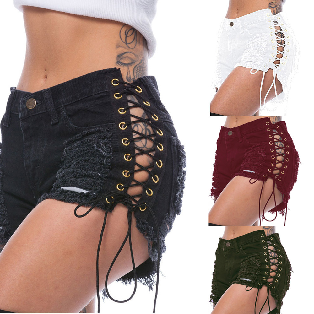 Spring and Summer Amazon Cross-Border European and American Ripped Side Eyelet Bandage Elastic Women's Hot Pants Denim Shorts for Women