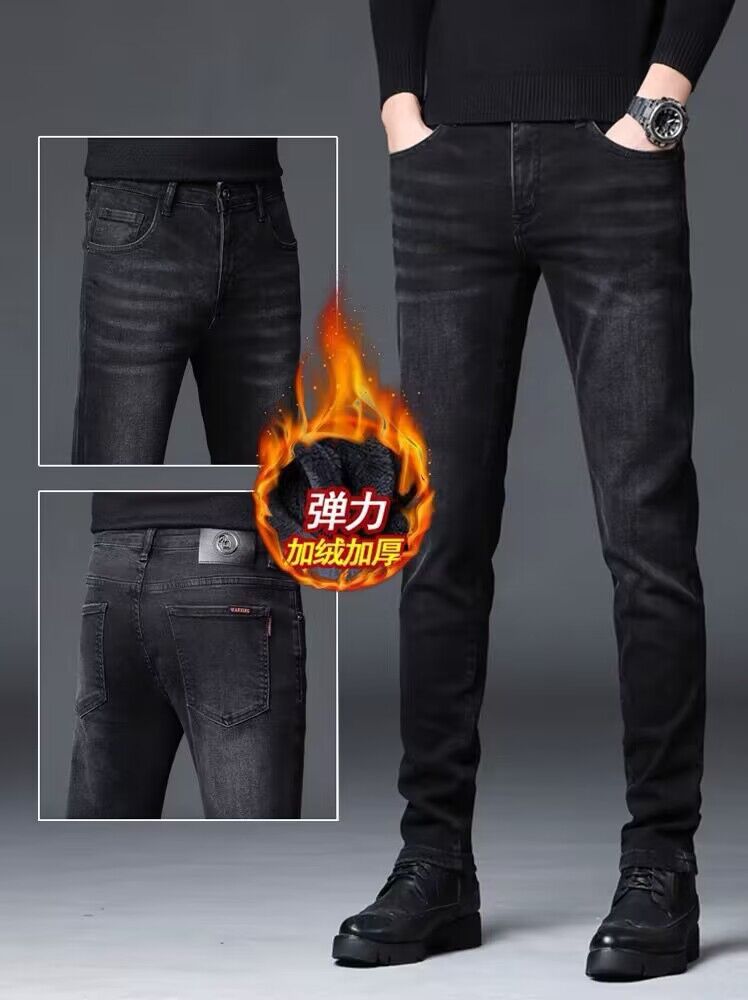 2025 Autumn/Winter Fleece-Lined Thick Black Jeans for Men, Slim Fit Stretch Skinny Pants, Casual Men's Denim Trousers